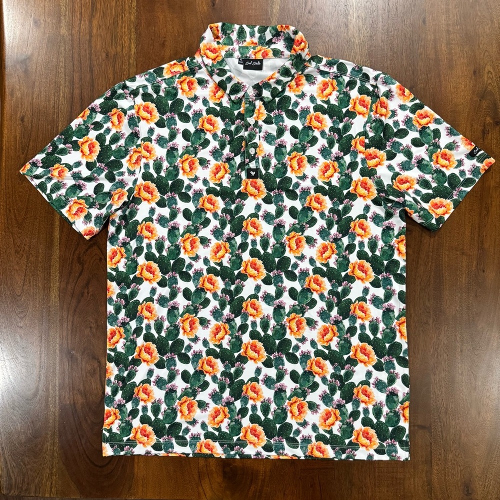 Bad Birdie Tucson Cactus Print Short Sleeve‎ Polo Shirt Size XL Golf Pickleball